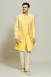 Buy_Aryavir Malhotra_Yellow Jacket Jacquard Woven Floral Stripe Pattern Kurta Set _at_Aza_Fashions