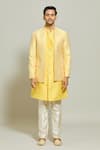 Buy_Aryavir Malhotra_Yellow Jacket Jacquard Woven Floral Stripe Pattern Kurta Set _Online_at_Aza_Fashions