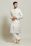 Buy_Aryavir Malhotra_Cream Silk Embroidered Thread Floral Sherwani With Churidar _at_Aza_Fashions