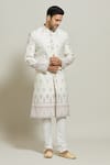 Buy_Aryavir Malhotra_Cream Silk Embroidered Thread Floral Sherwani With Churidar _Online_at_Aza_Fashions