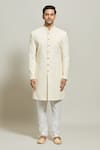 Aryavir Malhotra_Cream Georgette Embroidered Thread Sherwani With Churidar _Online_at_Aza_Fashions