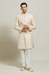 Buy_Aryavir Malhotra_Gold Silk Embroidered Thread Floral Motif Sherwani Churidar Set _at_Aza_Fashions