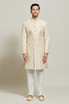 Aryavir Malhotra_Gold Silk Embroidered Thread Floral Motif Sherwani Churidar Set _Online_at_Aza_Fashions