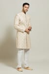 Buy_Aryavir Malhotra_Gold Silk Embroidered Thread Floral Motif Sherwani Churidar Set _Online_at_Aza_Fashions