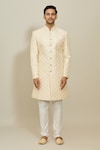 Aryavir Malhotra_Cream Silk Embroidered Thread Sherwani And Churidar _Online_at_Aza_Fashions