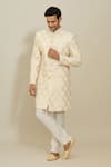 Buy_Aryavir Malhotra_Cream Georgette Embroidered Thread Mughal Ogee Pattern Sherwani With Churidar _at_Aza_Fashions