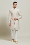 Buy_Aryavir Malhotra_Grey Silk Embroidered Zari Sherwani Churidar Set_at_Aza_Fashions