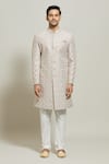 Aryavir Malhotra_Grey Silk Embroidered Zari Sherwani Churidar Set_Online_at_Aza_Fashions