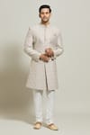 Buy_Aryavir Malhotra_Grey Silk Embroidered Zari Sherwani Churidar Set_Online_at_Aza_Fashions
