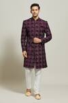 Buy_Aryavir Malhotra_Wine Velvet Embellished Sequin Geometric Pattern Sherwani And Churidar Set _at_Aza_Fashions