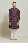 Buy_Aryavir Malhotra_Wine Velvet Embellished Sequin Geometric Pattern Sherwani And Churidar Set _Online_at_Aza_Fashions