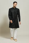 Buy_Aryavir Malhotra_Black Velvet Embroidered Thread Geometric Pattern Sherwani And Churidar Set _at_Aza_Fashions