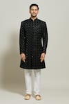 Buy_Aryavir Malhotra_Black Velvet Embroidered Thread Geometric Pattern Sherwani And Churidar Set _Online_at_Aza_Fashions