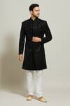 Shop_Aryavir Malhotra_Black Velvet Embroidered Thread Geometric Pattern Sherwani And Churidar Set _Online_at_Aza_Fashions