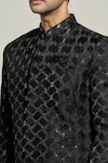 Aryavir Malhotra_Black Velvet Embroidered Thread Geometric Pattern Sherwani And Churidar Set _at_Aza_Fashions