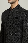 Aryavir Malhotra_Black Velvet Embroidered Thread Geometric Floral Sherwani And Churidar Set_at_Aza_Fashions