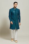 Buy_Aryavir Malhotra_Blue Velvet Embroidered Thread Geometric Floral Sherwani With Churidar_at_Aza_Fashions
