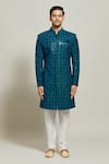 Aryavir Malhotra_Blue Velvet Embroidered Thread Geometric Floral Sherwani With Churidar_Online_at_Aza_Fashions