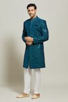 Buy_Aryavir Malhotra_Blue Velvet Embroidered Thread Geometric Floral Sherwani With Churidar_Online_at_Aza_Fashions