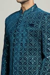 Shop_Aryavir Malhotra_Blue Velvet Embroidered Thread Geometric Floral Sherwani With Churidar_Online_at_Aza_Fashions