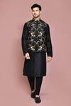 Buy_Aryavir Malhotra_Black Raw Silk Embroidered Resham Thread Leaf Motif Nehru Jacket Kurta Set _at_Aza_Fashions