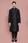 Buy_Aryavir Malhotra_Black Raw Silk Embroidered Resham Thread Leaf Motif Nehru Jacket Kurta Set _Online_at_Aza_Fashions