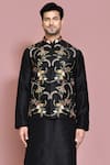 Aryavir Malhotra_Black Raw Silk Embroidered Resham Thread Leaf Motif Nehru Jacket Kurta Set _at_Aza_Fashions