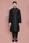 Buy_Aryavir Malhotra_Black Raw Silk Embroidered Resham Thread Floral Motif Nehru Jacket Kurta Set_Online_at_Aza_Fashions