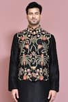 Aryavir Malhotra_Black Raw Silk Embroidered Resham Thread Floral Motif Nehru Jacket Kurta Set_at_Aza_Fashions