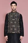 Aryavir Malhotra_Black Raw Silk Embroidered Resham Thread Floral Nehru Jacket Kurta Set _at_Aza_Fashions