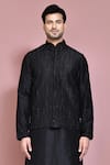 Aryavir Malhotra_Black Raw Silk Embroidered Resham Thread Wave Nehru Jacket Kurta Set _at_Aza_Fashions