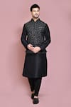 Buy_Aryavir Malhotra_Black Raw Silk Embroidered Resham Thread Nehru Jacket And Kurta Set _at_Aza_Fashions