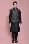 Shop_Aryavir Malhotra_Black Raw Silk Embroidered Resham Thread Nehru Jacket And Kurta Set _Online_at_Aza_Fashions