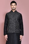 Aryavir Malhotra_Black Raw Silk Embroidered Resham Thread Nehru Jacket And Kurta Set _at_Aza_Fashions