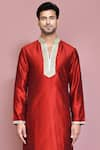 Shop_Aryavir Malhotra_Maroon Raw Silk Hand Embroidered Bead Kurta And Pyjama Set _Online_at_Aza_Fashions