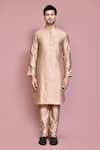Buy_Aryavir Malhotra_Rose Gold Raw Silk Embroidered Resham Thread Floral Nehru Jacket With Kurta Set_Online_at_Aza_Fashions