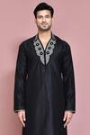 Shop_Aryavir Malhotra_Black Raw Silk Embroidered Bead Neckline Neck Kurta Set _Online_at_Aza_Fashions