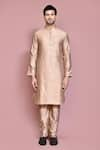 Buy_Aryavir Malhotra_Rose Gold Raw Silk Solid Stand Collar Kurta With Pant _Online_at_Aza_Fashions