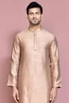 Shop_Aryavir Malhotra_Rose Gold Raw Silk Solid Stand Collar Kurta With Pant _Online_at_Aza_Fashions