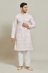 Buy_Arihant Rai Sinha_Pink Kurta Cotton Printed Thread Embroidered And Aligadi Pant Set _at_Aza_Fashions