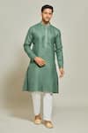 Shop_Arihant Rai Sinha_Green Kurta Premium Linen Cotton Plain Embroidered Placket And Aligadi Pant Set _Online_at_Aza_Fashions