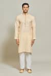 Arihant Rai Sinha_Beige Kurta Premium Linen Cotton Plain Straight And Aligadi Pant Set_Online_at_Aza_Fashions