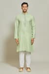 Arihant Rai Sinha_Green Kurta Premium Linen Cotton Plain Band Collar And Aligadi Pant Set _Online_at_Aza_Fashions