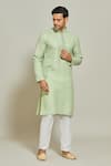 Buy_Arihant Rai Sinha_Green Kurta Premium Linen Cotton Plain Band Collar And Aligadi Pant Set _Online_at_Aza_Fashions