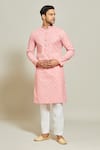 Shop_Arihant Rai Sinha_Pink Kurta  Aligadhi Pant Art Silk Print Vine Swerve Set _Online_at_Aza_Fashions