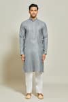 Buy_Arihant Rai Sinha_Grey Kurta Premium Linen  Pant Art Silk Pintux Yoke Plain Set _Online_at_Aza_Fashions