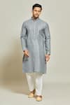 Shop_Arihant Rai Sinha_Grey Kurta Premium Linen  Pant Art Silk Pintux Yoke Plain Set _Online_at_Aza_Fashions