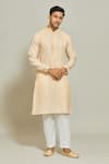 Buy_Arihant Rai Sinha_Beige Kurta Premium Linen  Pant Art Silk Pintux Applique Set _at_Aza_Fashions