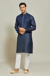 Buy_Arihant Rai Sinha_Blue Kurta Premium Linen  Pant Art Silk Pintux Stripe Yoke Set _at_Aza_Fashions