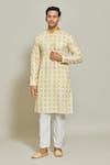 Buy_Arihant Rai Sinha_Yellow Kurta Cotton Aligadhi Pant Art Silk Print Sequin Embellished Set _at_Aza_Fashions